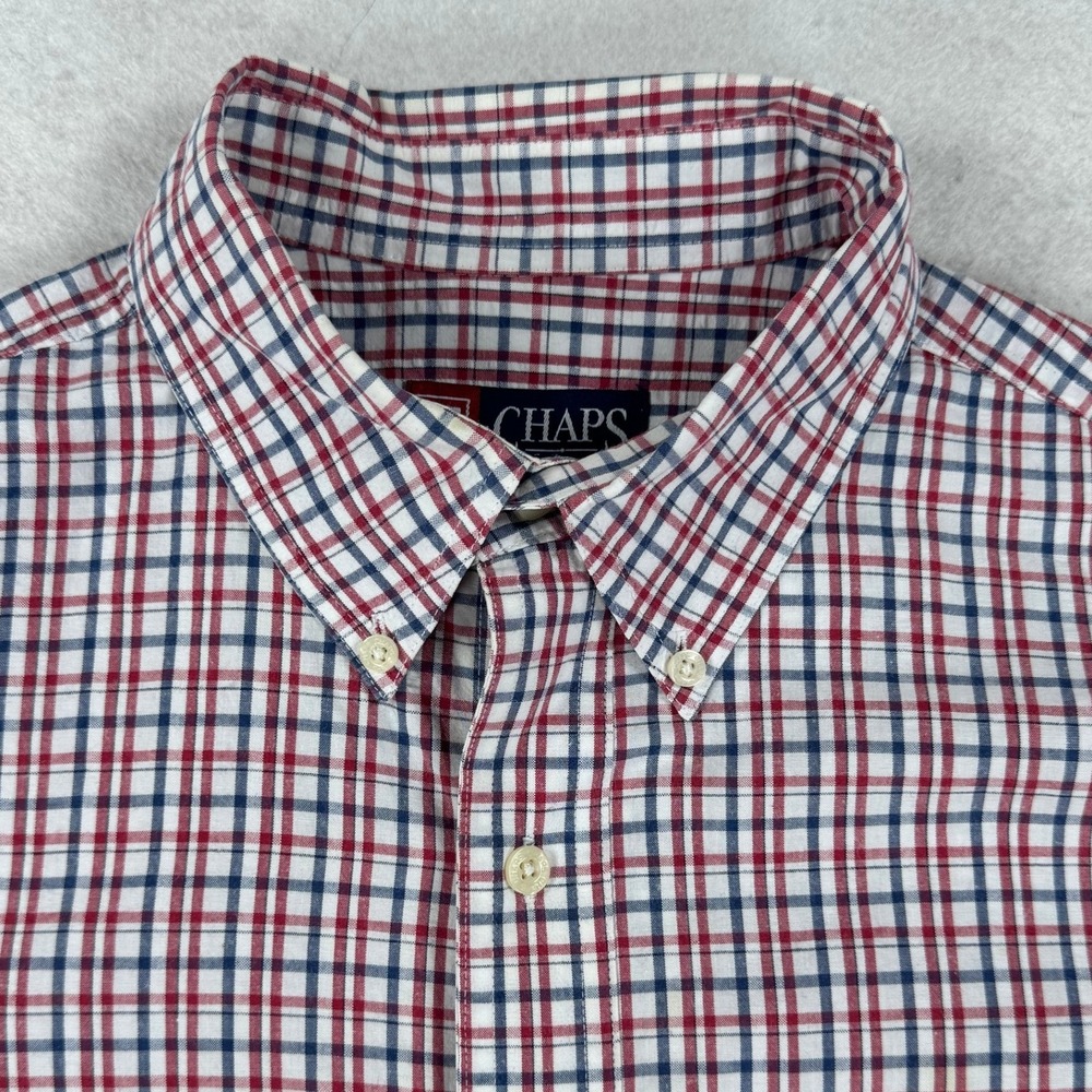 Chaps Mens Short Sleeve Button Down Plaid Shirt Red White Blue Cotton Medium
